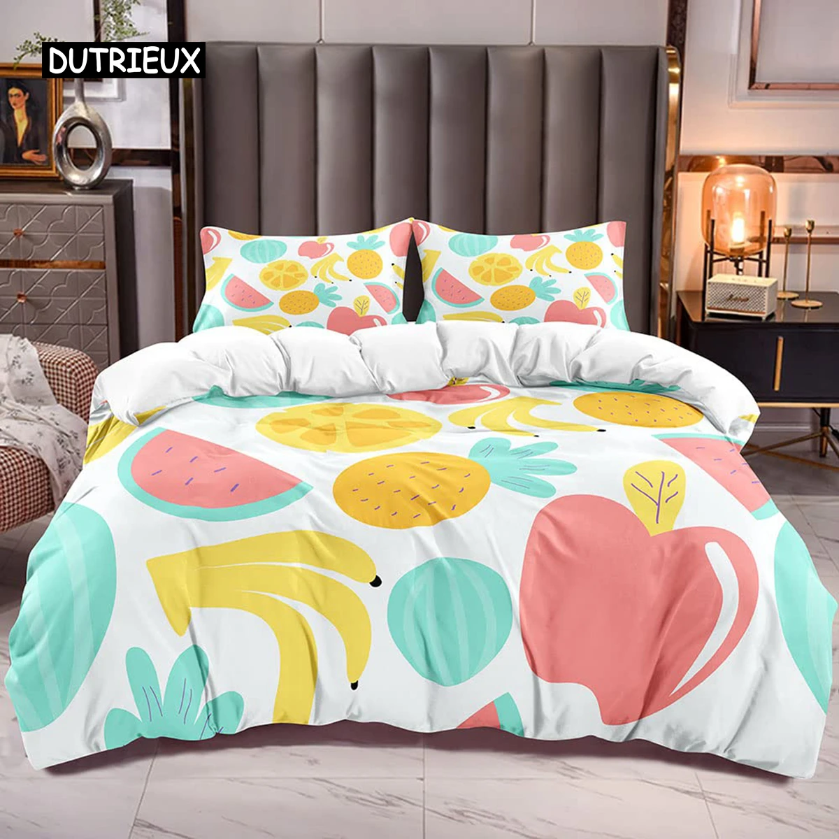 

Fruit Duvet Cover Set Queen Size Microfiber Watermelon Banana Apple Pineapple Print Bedding Set Cartton Theme Small Fresh Style