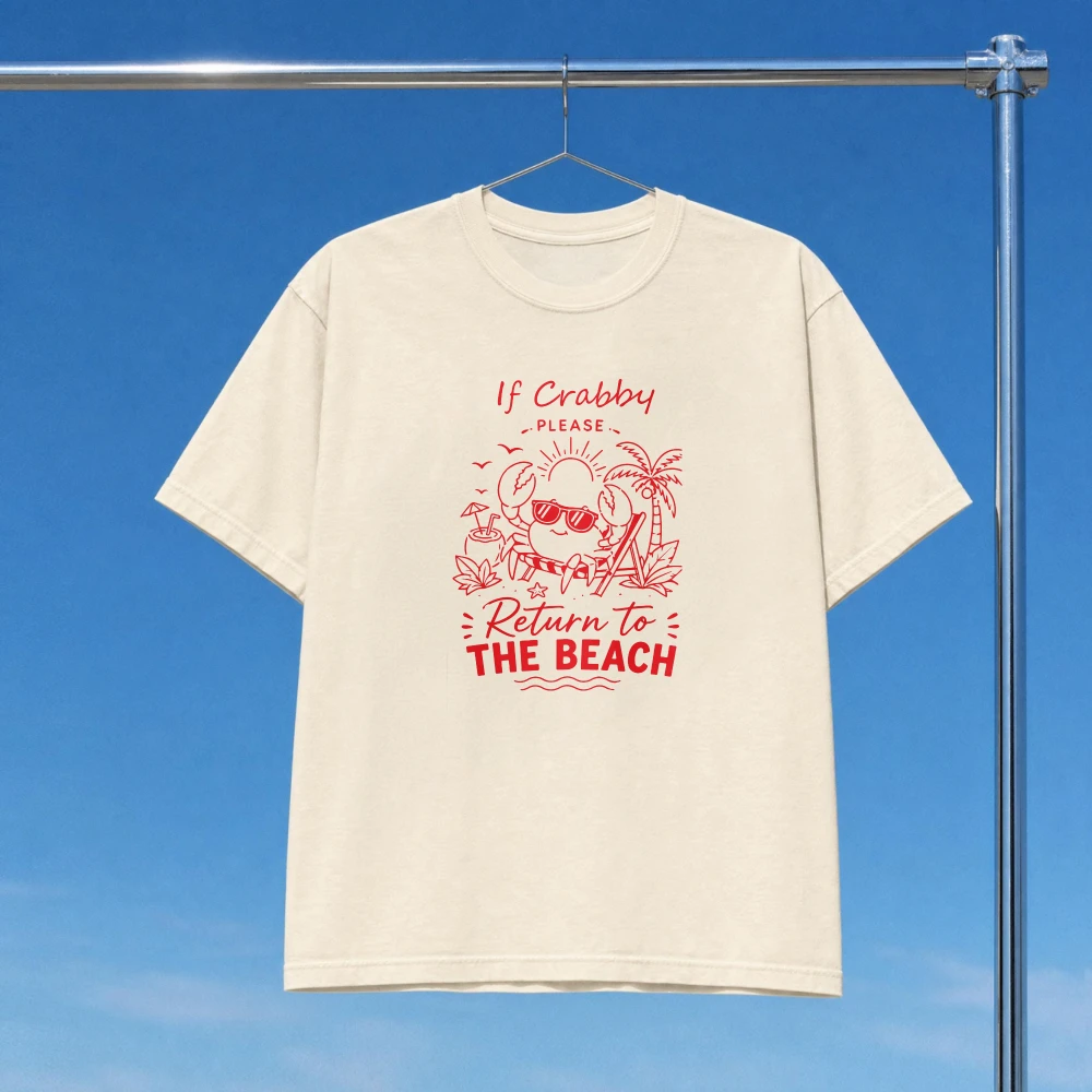 If Crabby Please Return To Beach Graphic Tee Red Line Art Summer Vacation Humor Unisex Cotton Shirt Beach Vacation Clothing