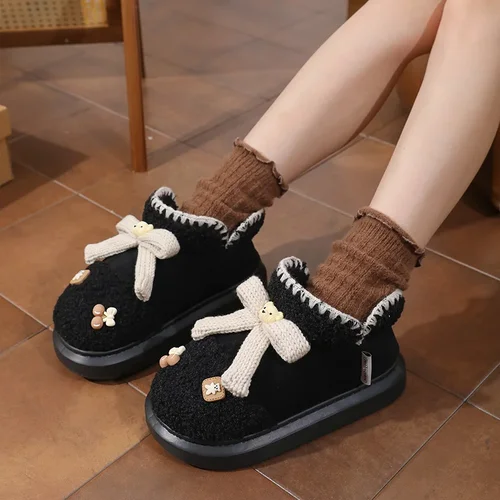 여성용 귀여운 활 꽃 패션 스노우 부츠, 푹신한 플러시 겨울 코튼 신발, 야외 미끄럼 방지 두꺼운 밑창 슬리퍼 신발  Best5