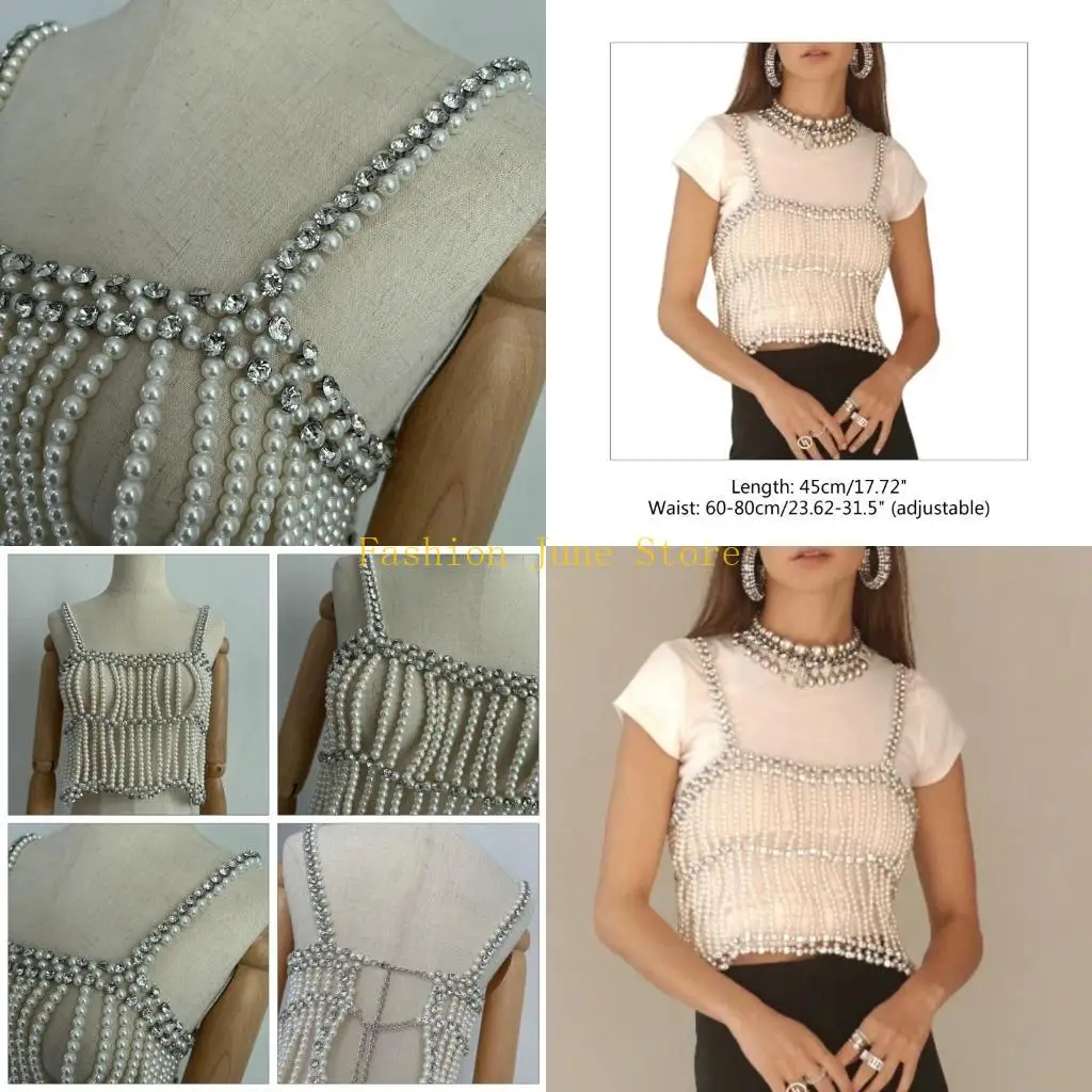 

N5KA Fashion Body Chain Baroque Bead Sparkly White Woven Mesh Night Club Short Vest