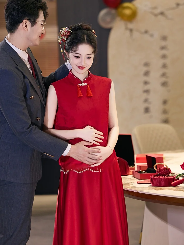 

Красное китайское платье для беременных женщин на церемонию помолвки, свадебное платье большого размера, скрывающее живот