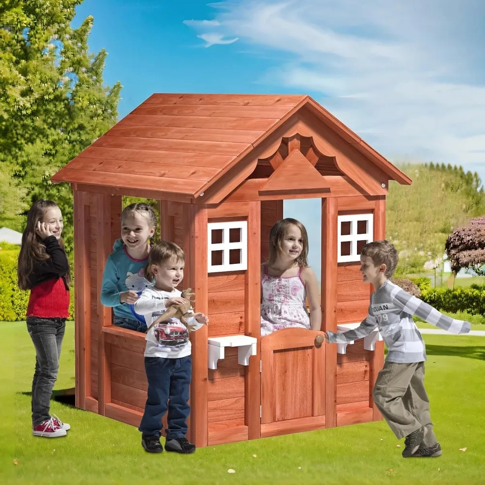 Wooden Playhouse for Garden, Outdoor Cottage Playhouse with Door, 2 Windows, 3 Serving Station, Shelf & Flowerpot Holder