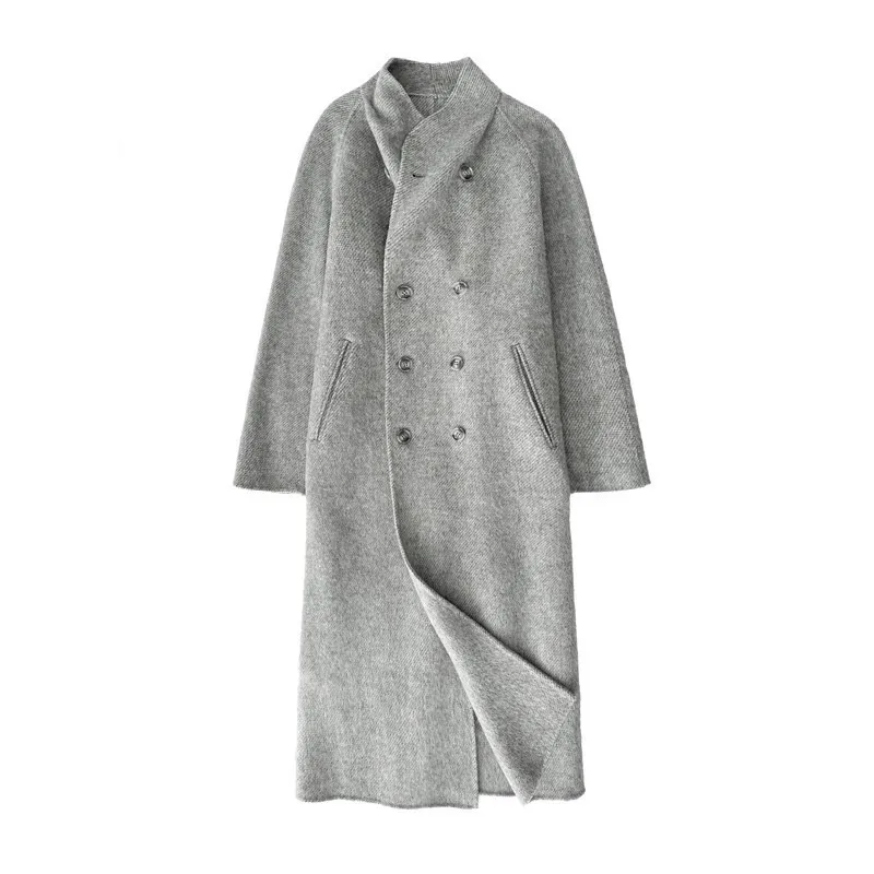 

Double Breasted Wool Coat for Women, Stand Collar, Long Jacket, Elegant Clothing, Traf Official Store, Autumn and Winter Fashion