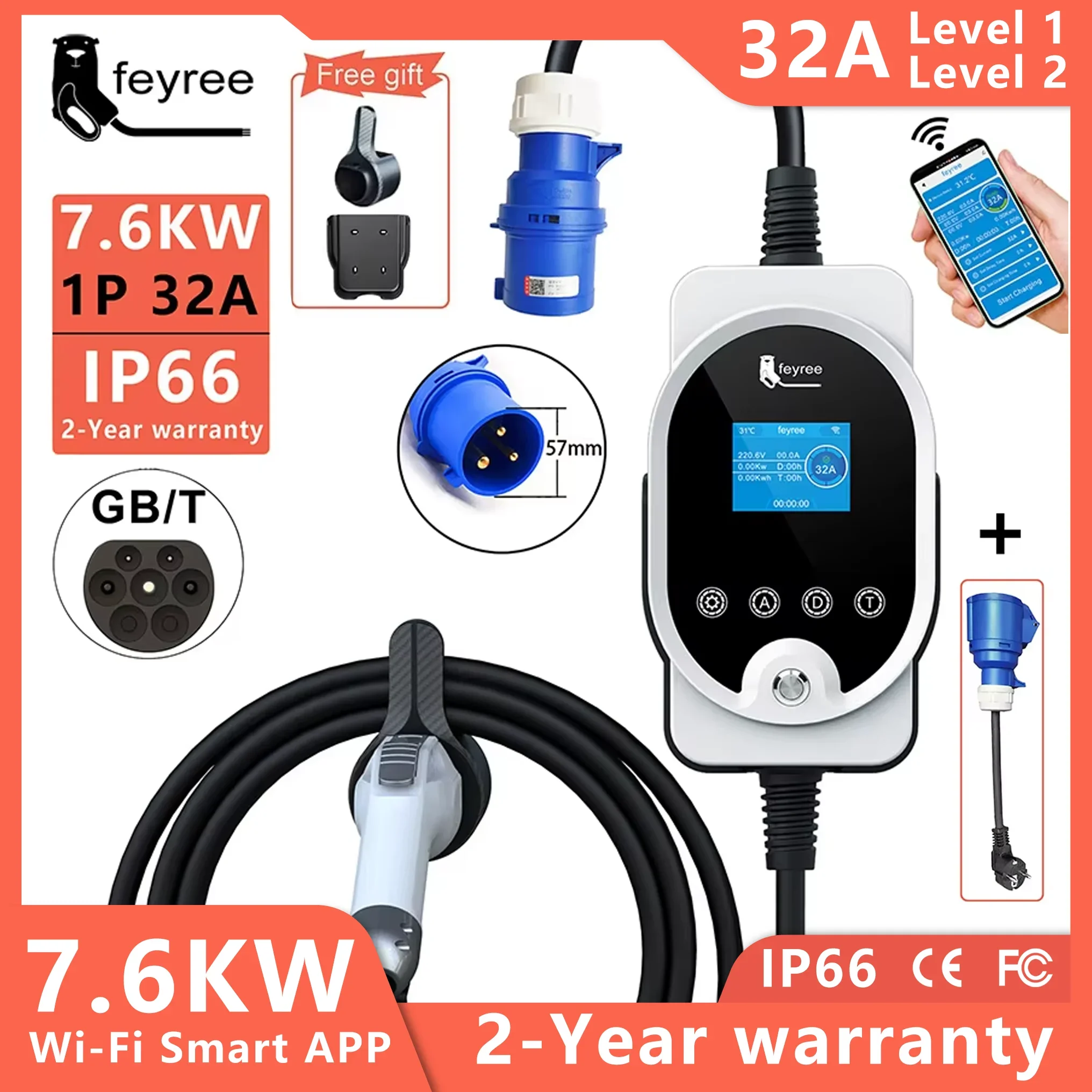 feyree EV Charger GBT Socket 7KW 32A Adjustable APP Bluetooth Version Set Charging Time EVSE Charging Box for Electric Vehicle