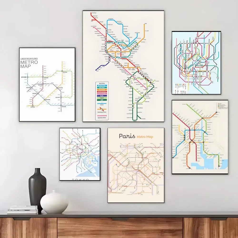 Retro City Metro Map Rome Paris Tokyo London Travel Poster HD Waterproof Self-Adhesive For Living Room Gift Bedroom Hallway