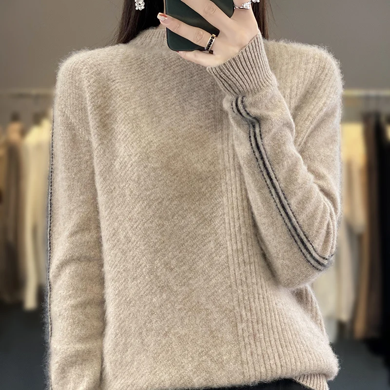 Autumn Winter Fashion 100% Merino Wool Sweater Mock-Neck Solid Color Pullover Cashmere Classic Long Sleeves Clothing Top