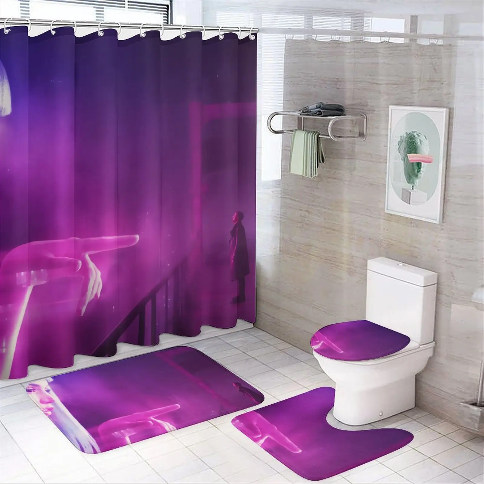 Set of 4 Printed Shower Curtain Decoration Bathroom Waterproof Cover Screen Cushion Toilet Cover