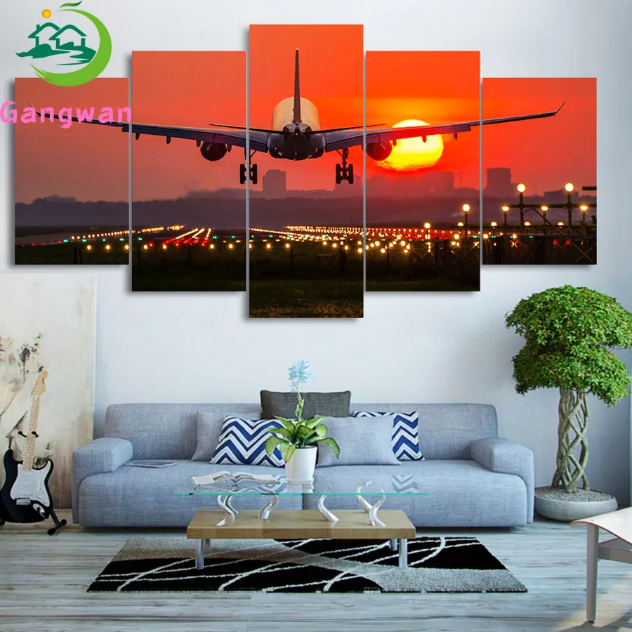 5 Pcs Red Sunset Landscape And Airplane Diamond Mosaic Full Square round drill Cross Stitch Diamond Embroidery Rhinestone Decor