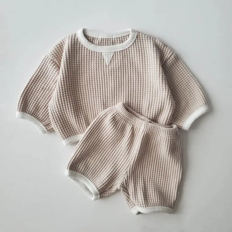 Korea Baby Boys Waffle Clothes Set 2023 Autumn New Baby Girls 2PCS/Set Clothes Sweater+PP Pants Shorts 0-2Y Baby Sportswear Suit