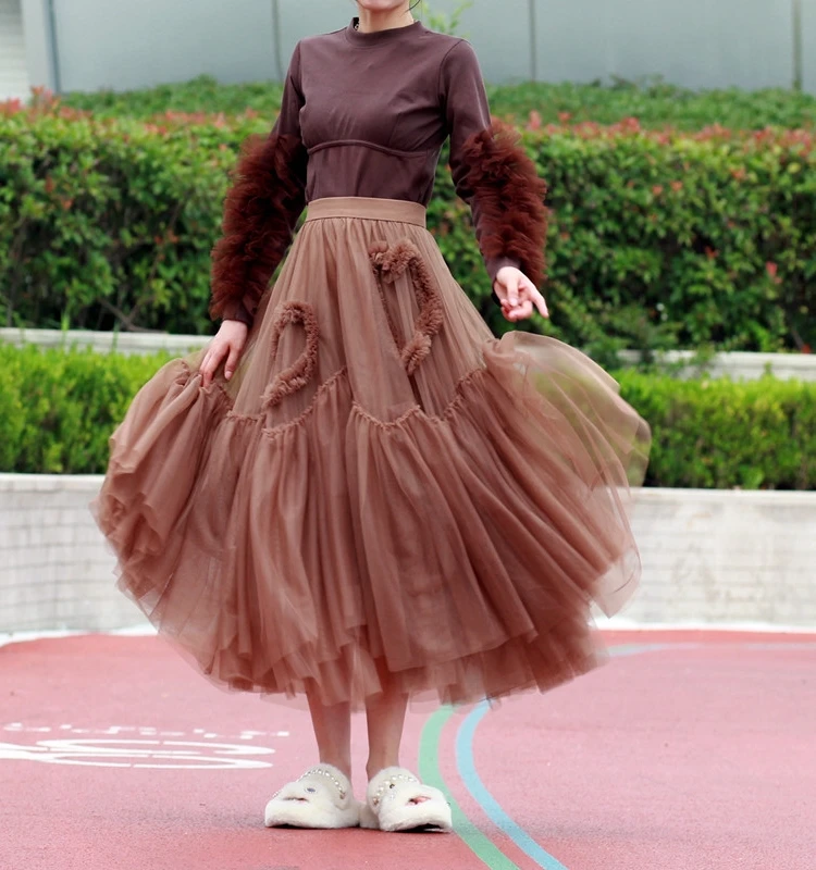 Custom Made Free Shipping 2023 New Mesh Women Autumn Spring Long Maxi High Waist Ball Gown Skirts Big Hem Layer Hand Summer