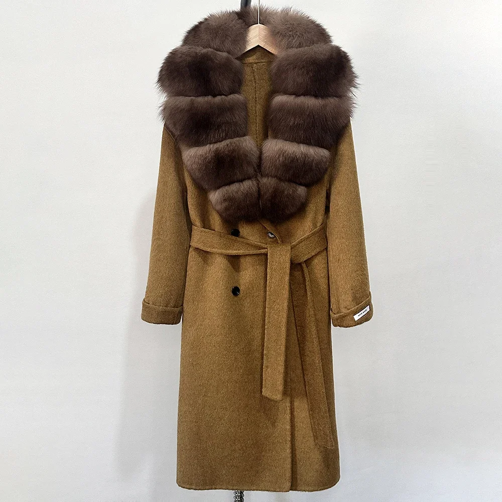 

Women Wool Blends Coat Autumn Natural Real Fox Fur Collar Jacket Belt Loose Outerwear Outerwear Casual Streetwear Woolen Coat