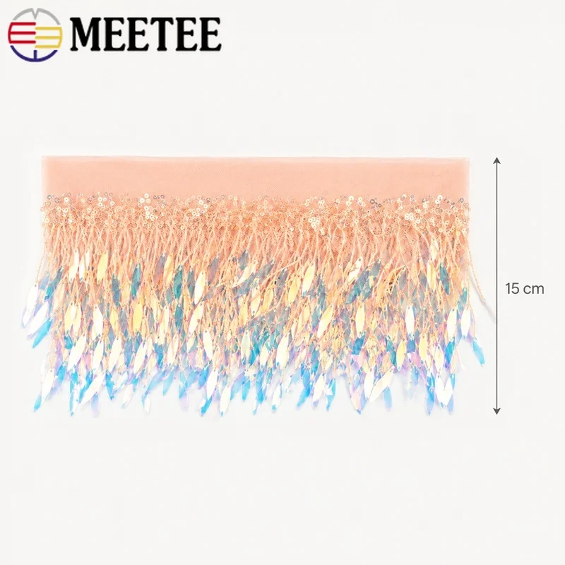 1-5Yards 15cm Sequin Tassel Fringe Trim Polyester Mesh Lace for Latin Dance Stage Costume Wedding Party Skirt Hem Sleeve Decor