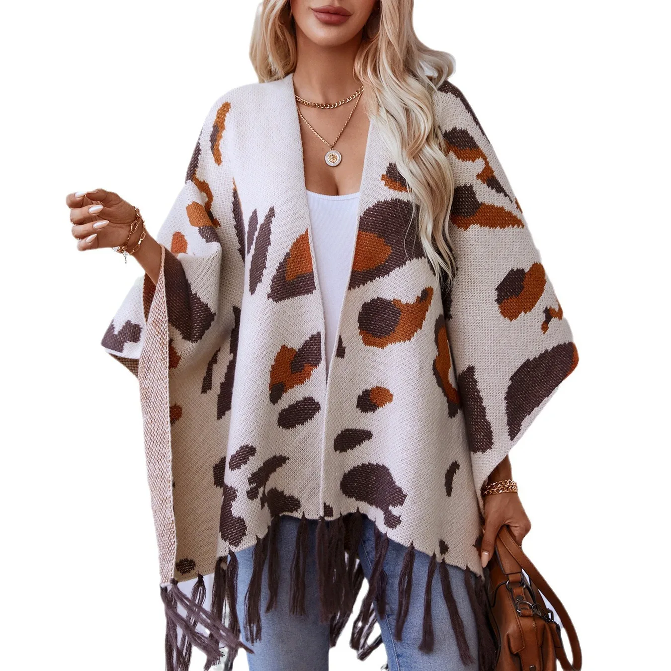 Contrasting leopard print knitted fringed cape shawl women's autumn and winter large size loose  cross-border sweater cape