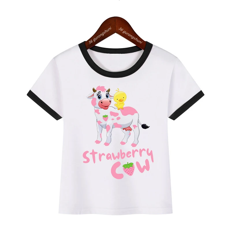 

Kawaii Girls T-Shirt Cute Strawberry Cow Cartoon Print Boys T Shirt Fashion Boys/ Girls Universal Clothes White Short Sleeve Top