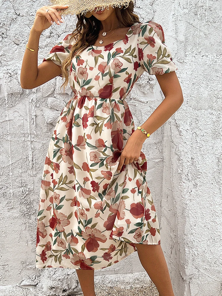 Women's Elegant Floral Print Dress Summer Short Sleeve O-Neck Vintage Harajuku Robe Comfortable Female Long Dress