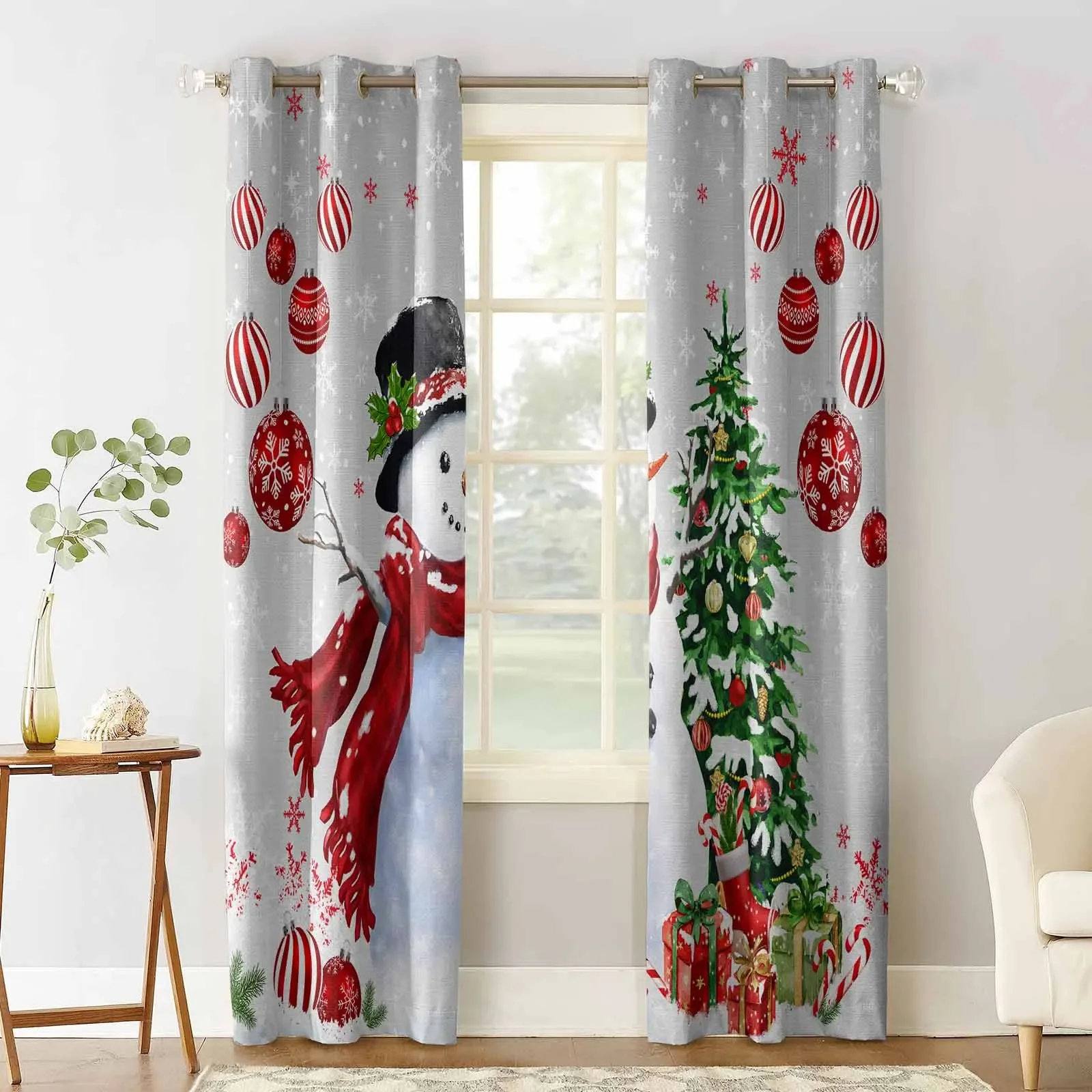 Christmas Snowman Pine Branch Living Room Bedroom Window Treatment Blinds Drapes Modern Kitchen Curtains