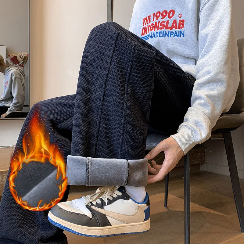 

Men's Winter Thick Fleece Casual Pants Fashion Solid Color Velvet Straight Wide Leg Trousers Loose Cozy Trend Youth Sizes M-4XL