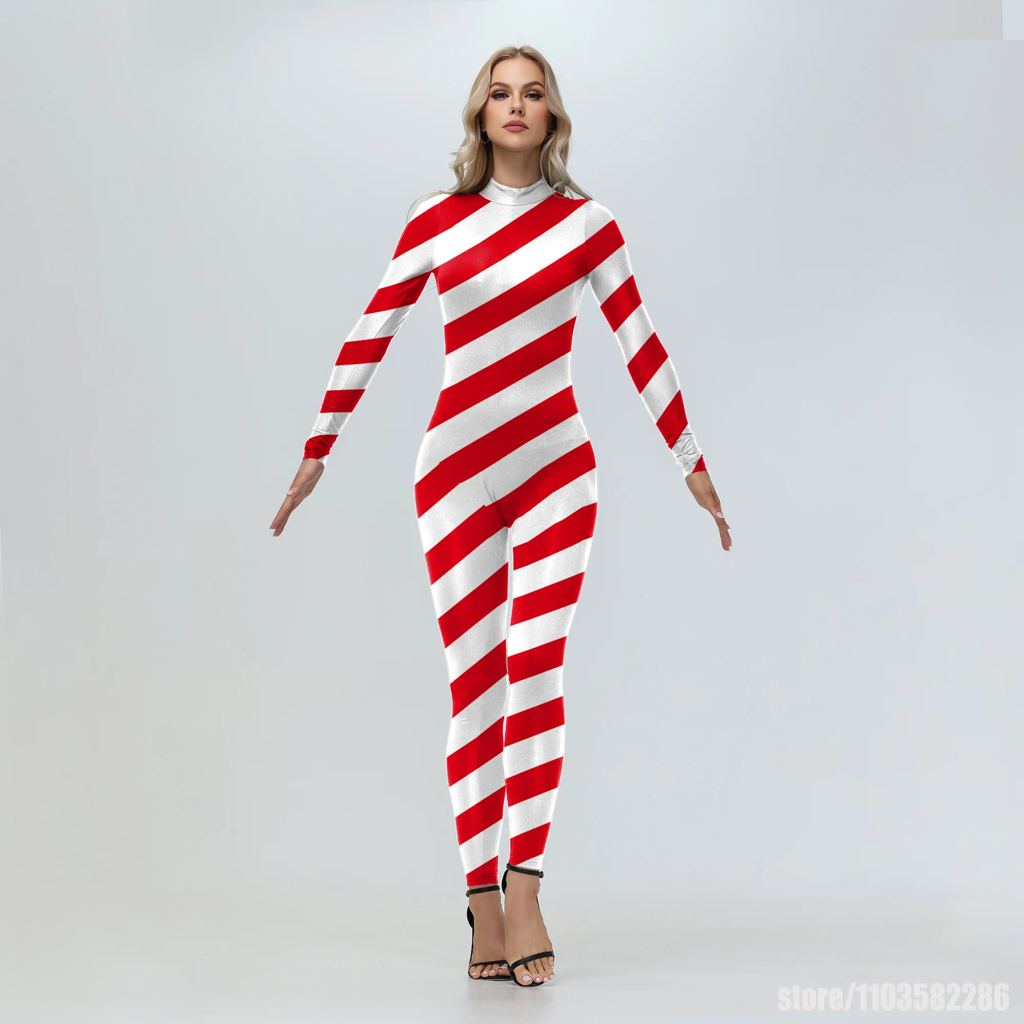 Mono de bastón de caramelo para mujer, disfraz de Cosplay de Raya Roja, mono con estampado 3D de Navidad, traje de Navidad, mono de Festival, pareja Zentai