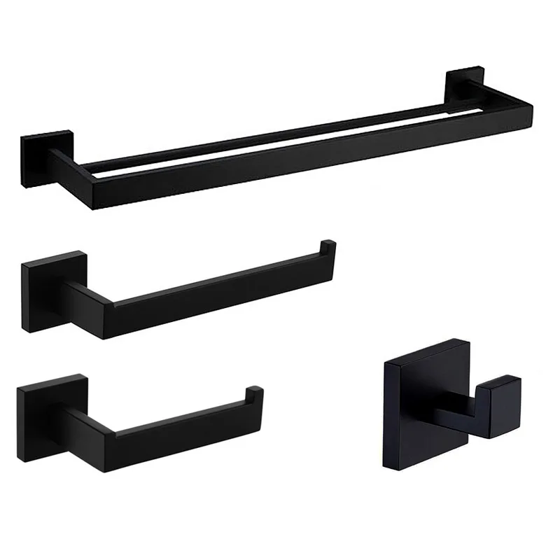 

Black SUS 304 Stainless steel Bathroom Hardware 4Piece Set Double Towel Bar + Hand Towel Paper Holder +Hook