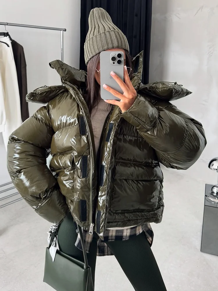 Full Zip Oversized Shiny Hooded Puffer Jacket for Women Multi Pocket Warm Winter Windproof Stylish Casual Street Outerwear 2026