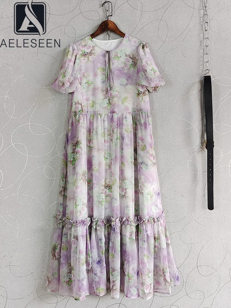 

AELESEEN Fashion Designer Summer Dress Women Lantern Sleeve Purple Floral Print Edible Tree Fungus Long Elegant Party Vestidos