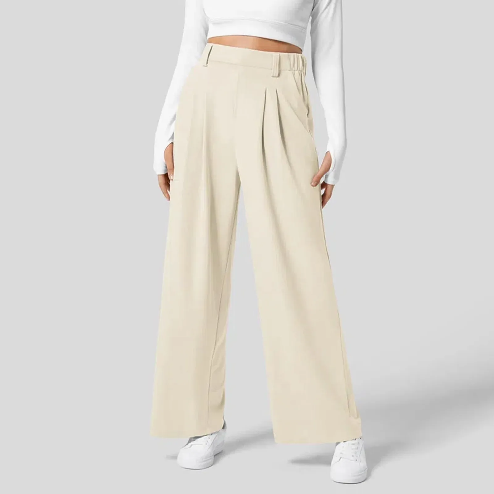 Solid Wide Leg Pants For Woman Work Business High Waisted Pants Office Elastic Trousers Casual Streetwear Womens' Slacks