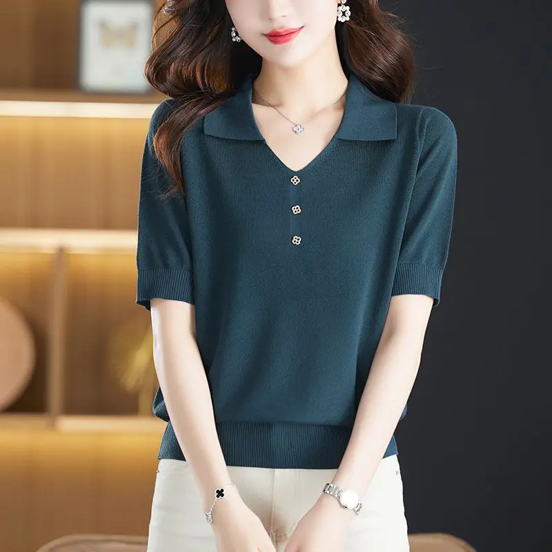 Women\'s Clothing 2023 Summer Korean Fashion Elegant Ice Silk Knitted T-shirt Solid Color V Neck Short Sleeve Loose Pullover Tops