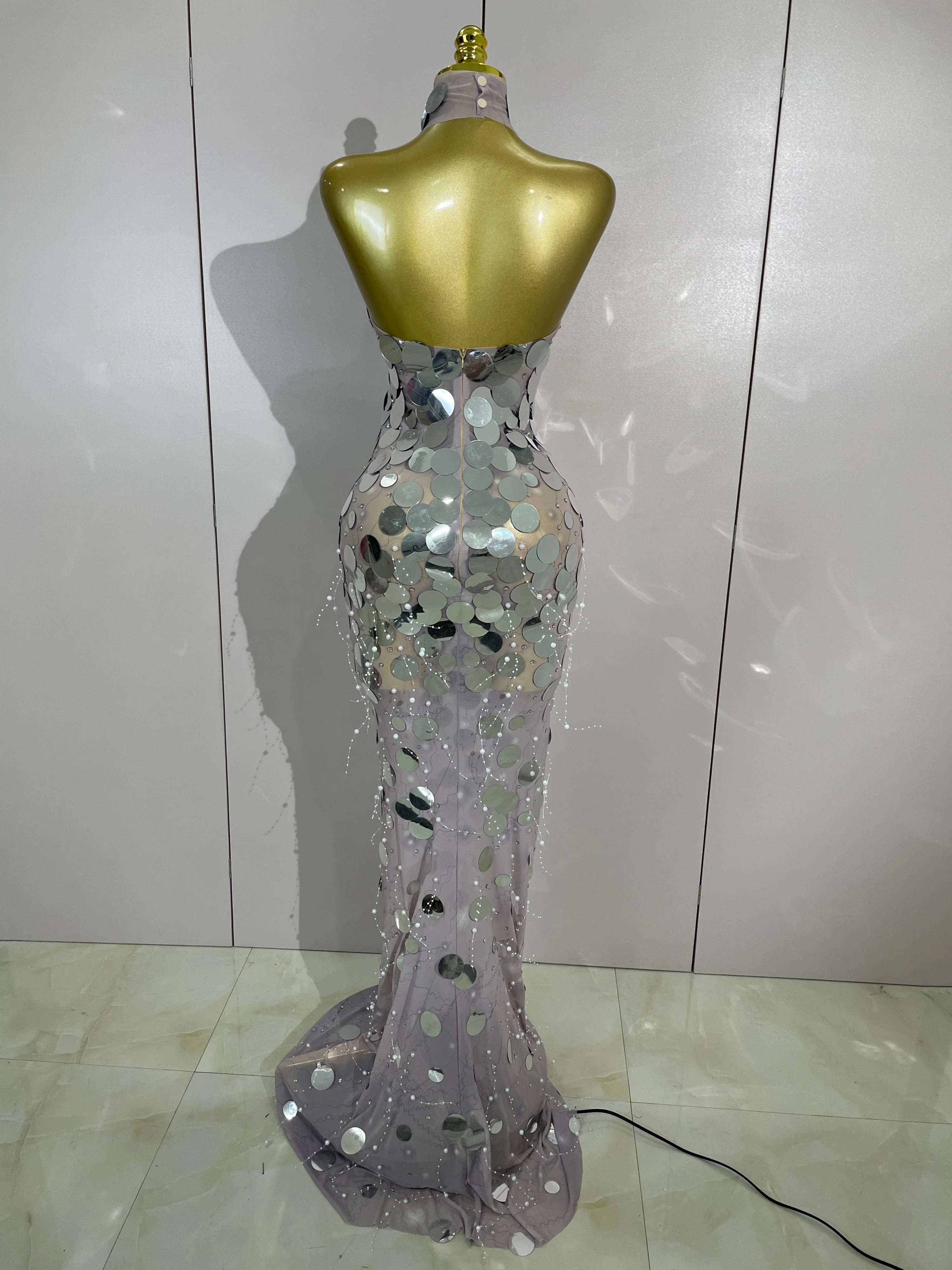 Sexy Silver Sparkly Round Sequin Pearl Women Backless Floor Length Dress Celebrate Birthday Evening