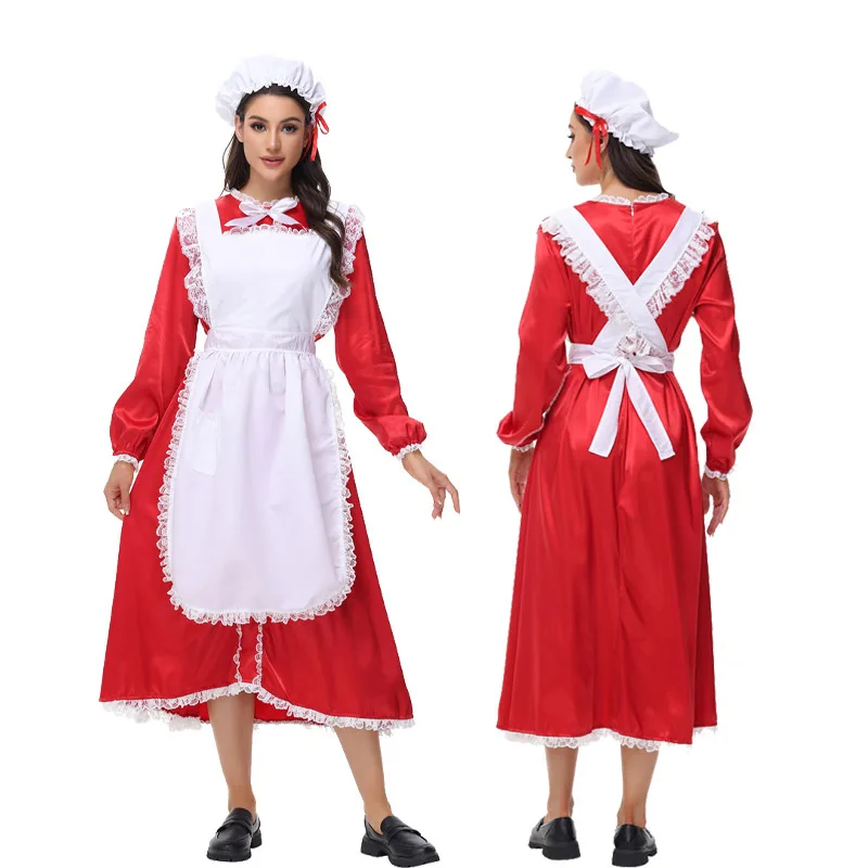 Halloween Christmas Maid Waitress Cook Red And White Long Skirt Cute Dress Cosplay Drama Performance Festival Carnival Party Set