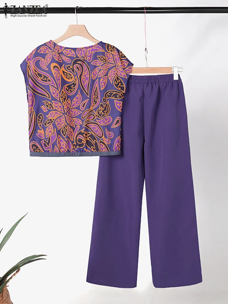 2024 ZANZEA Summer Bohemian Floral Short Sleeve Tops Pants Sets 2PCS Women Fashion Tracksuit Casual Work Outifits Trousers Suits