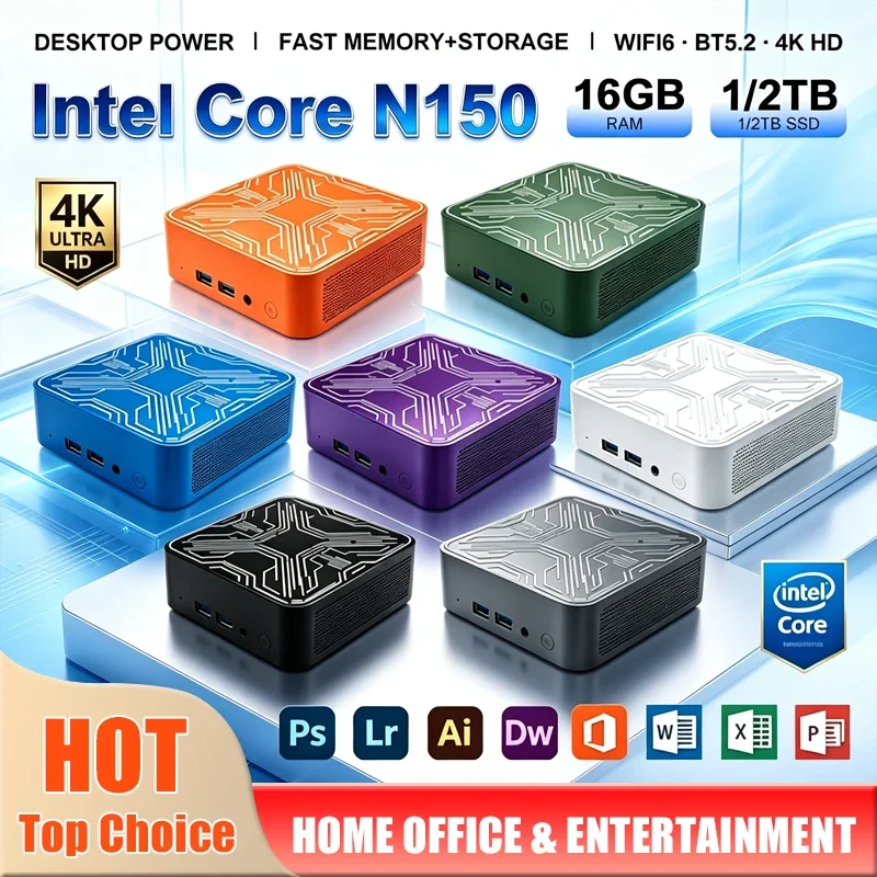 Powerful Intel Core N150 Multi-Color Optional Gaming Mini Desktop PC 4K Windows 11 16GB RAM 1/2TB SSD WIFI6 BT5.2