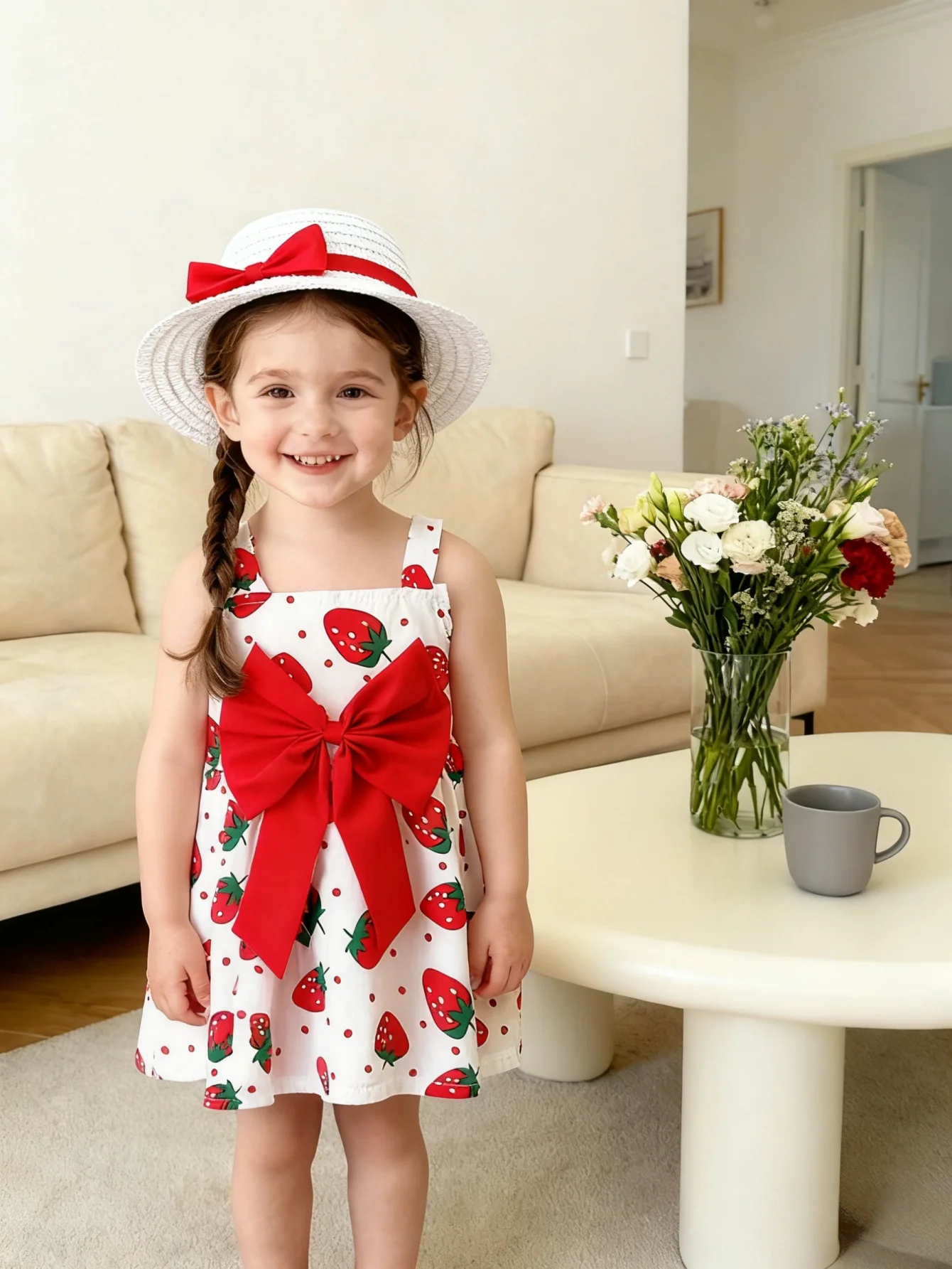 

Summer New Baby Girl Dress And Hat Two-Piece Set Sweet Strawberry, Baby Girl Vacation Children'S Clothing (9 Months To 3 Years)
