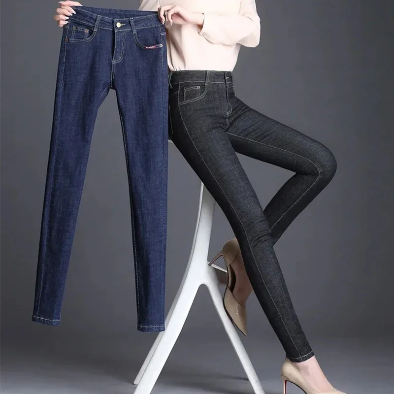 Klassische Mutter Bleistift Jeans Frauen lässig hohe Taille dünne Jeans hose neue koreanische Vintage plus Größe 34 Stretch Kot Pantolones