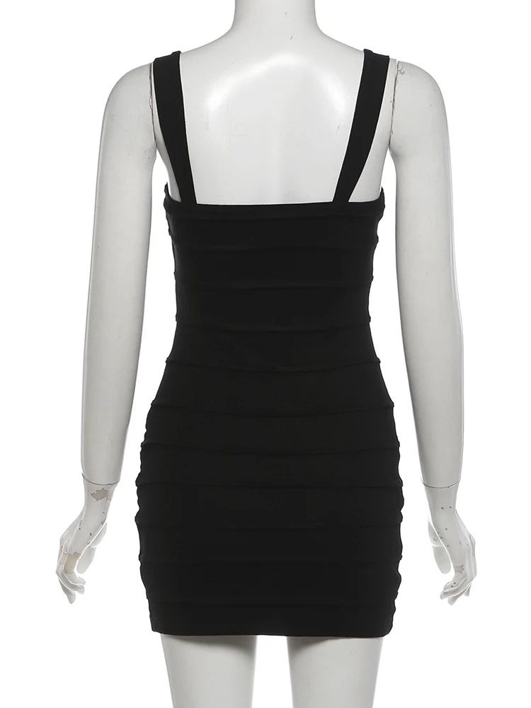 Weird Puss Kleid mit quadratischem Kragen für Damen, mit Ziernähten, ärmellos, einfarbig, sexy, elegant, süßer Stil, schmal geschnitten, für Sommerpartys, Mini-Bodycon – Detail 8