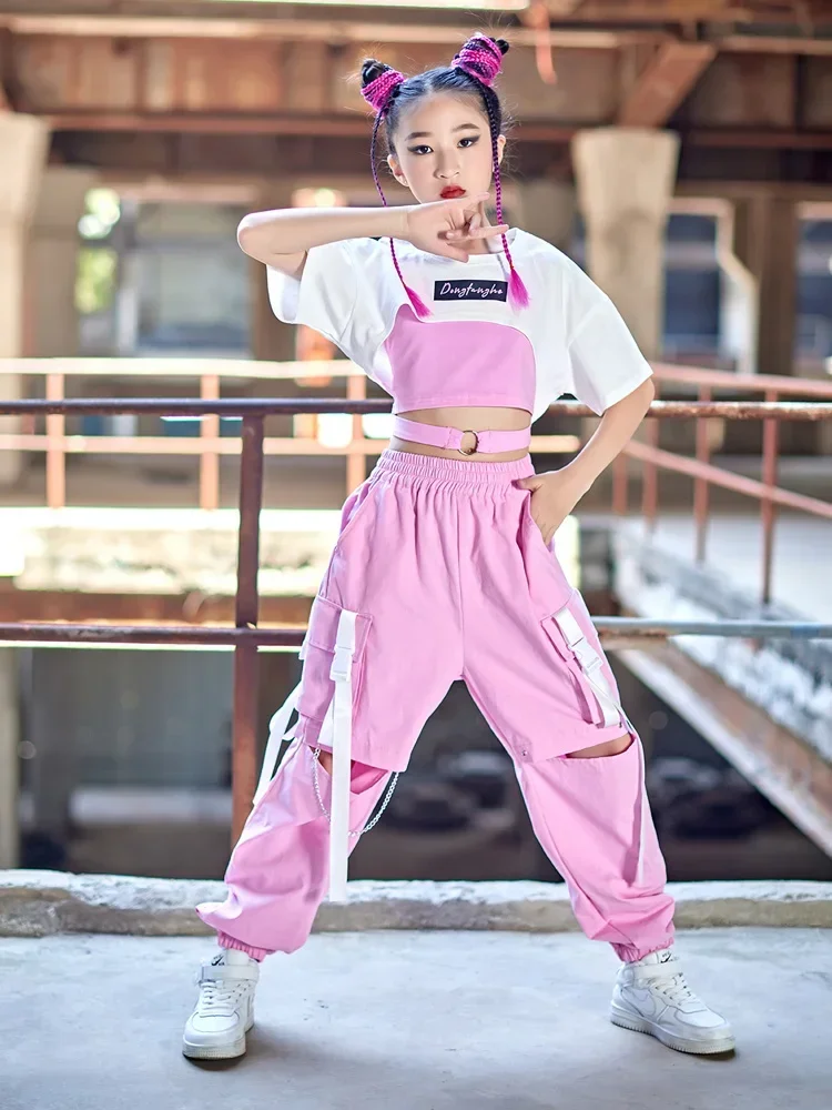 Kostium dziecięcy strój sceniczny dziewczęcy strój taniec uliczny Hip Hop letnie koszule z krótkimi rękawami różowe spodnie Jazz