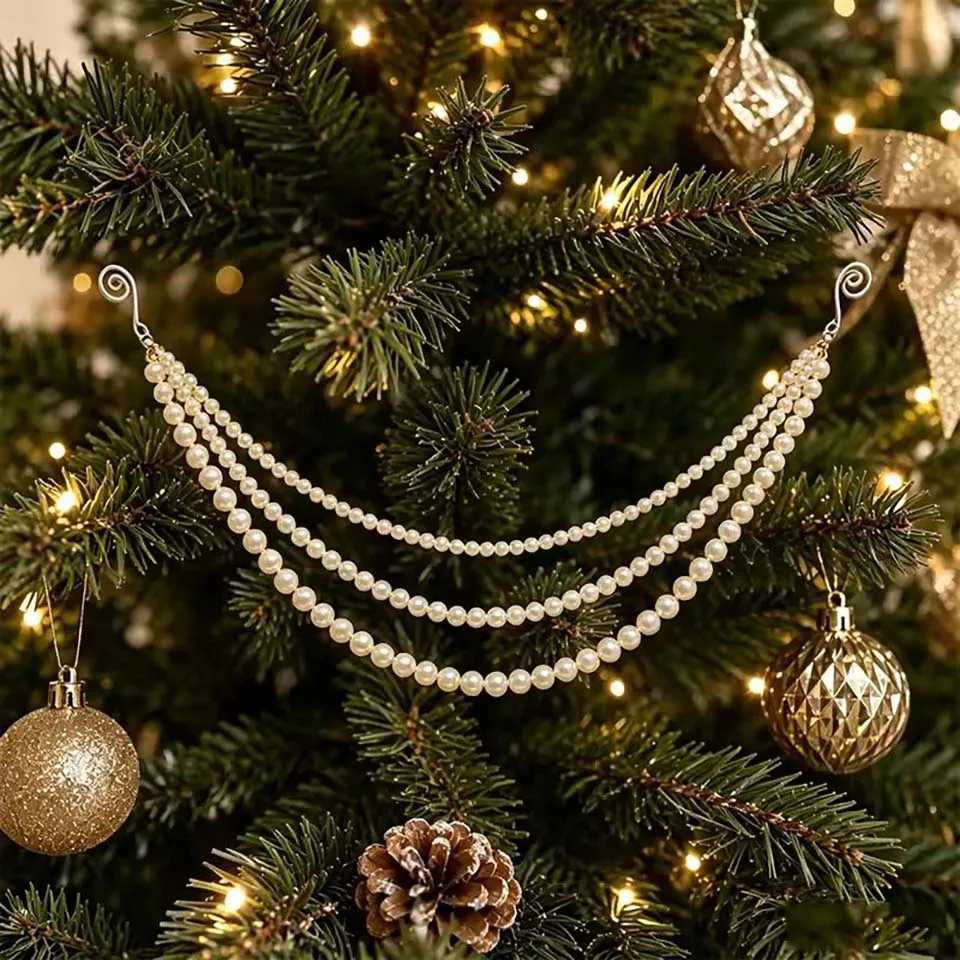 1/2/3Pcs 3-layer Christmas Tree Pearl Chain Pendant Simulated Pearls White Xmas Tree Hanging Beads Chain with Hanging Hooks
