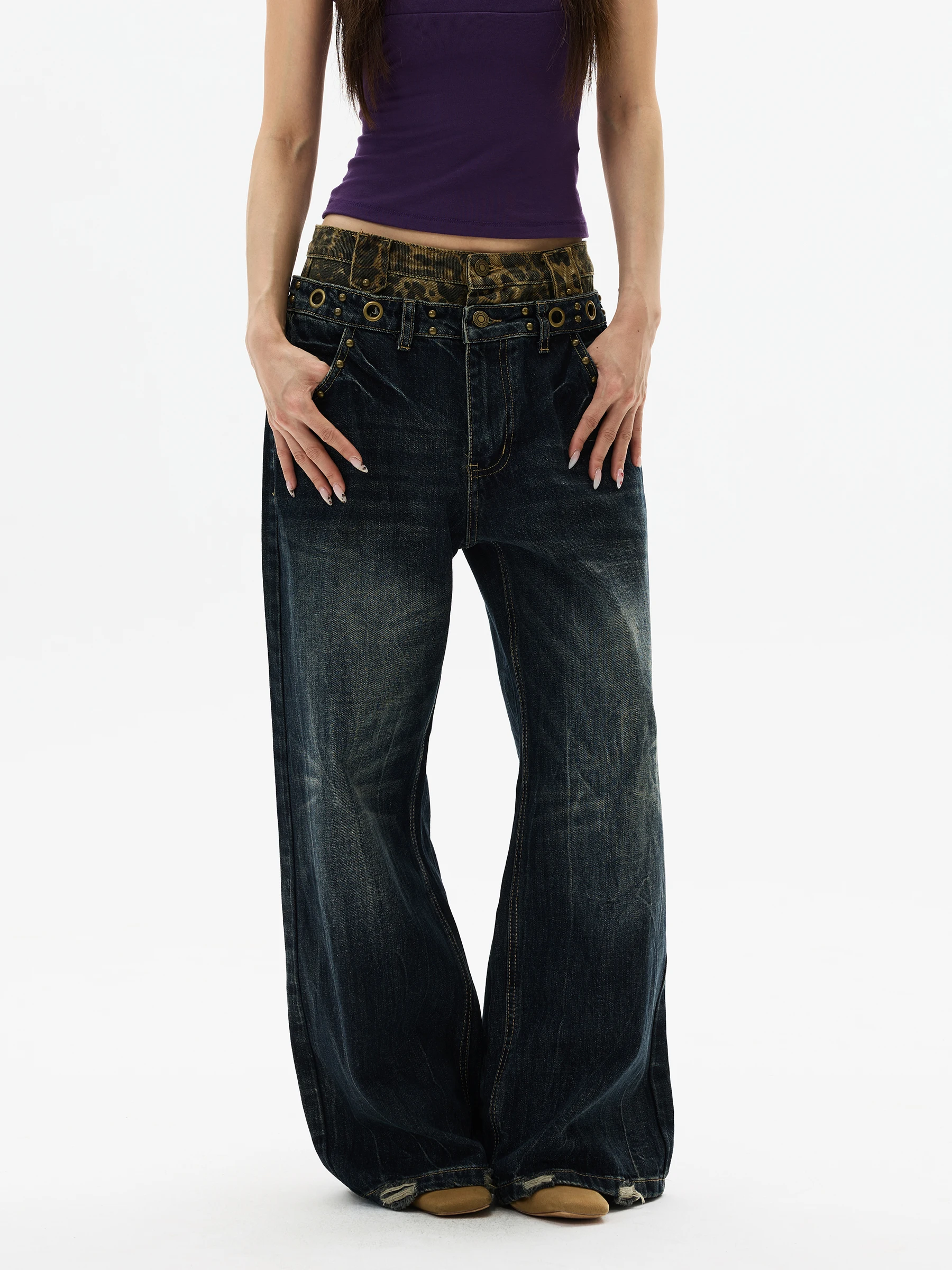 American Style Leopard Print Splicing Design Double Waist Jeans Men Women High Quality Pants Couple Long Trousers WLNEXT