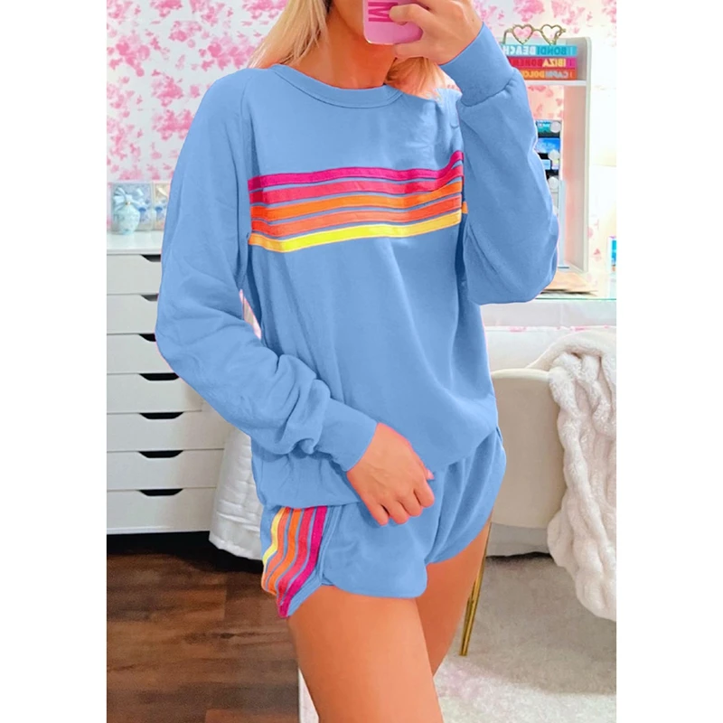 Womens Rainbow Striped 2Pieces Loungewear Set Casual Loose Fit Striped Color-Blocked Sweatshirt and Side Split Shorts Tracksuit