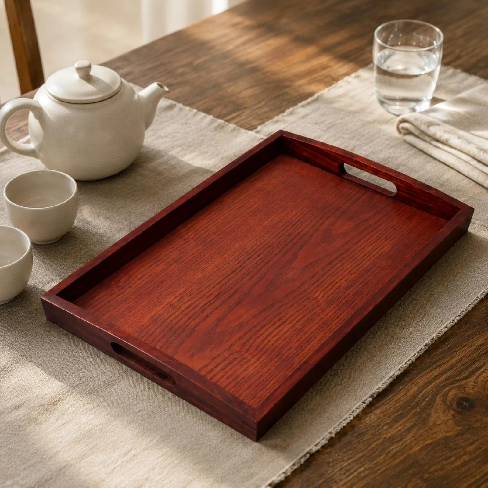 Wooden Serving Tray Plant-Based Coating Rectangular Serving Tray Homeware Cutout Handles Raised Edges