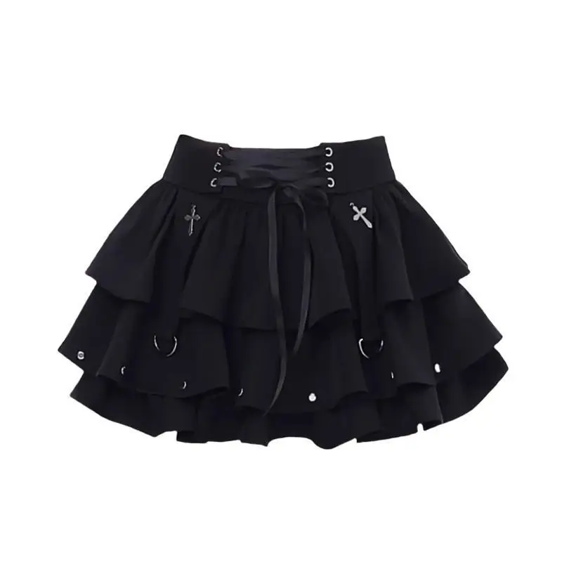 Y2K Gyaru Puff Tie A Line Skirt Cute Punk High Waist Mini Skirt Jiri Kei Ruffle Layered Skirts Sexy Lace Up Tutu Skirt