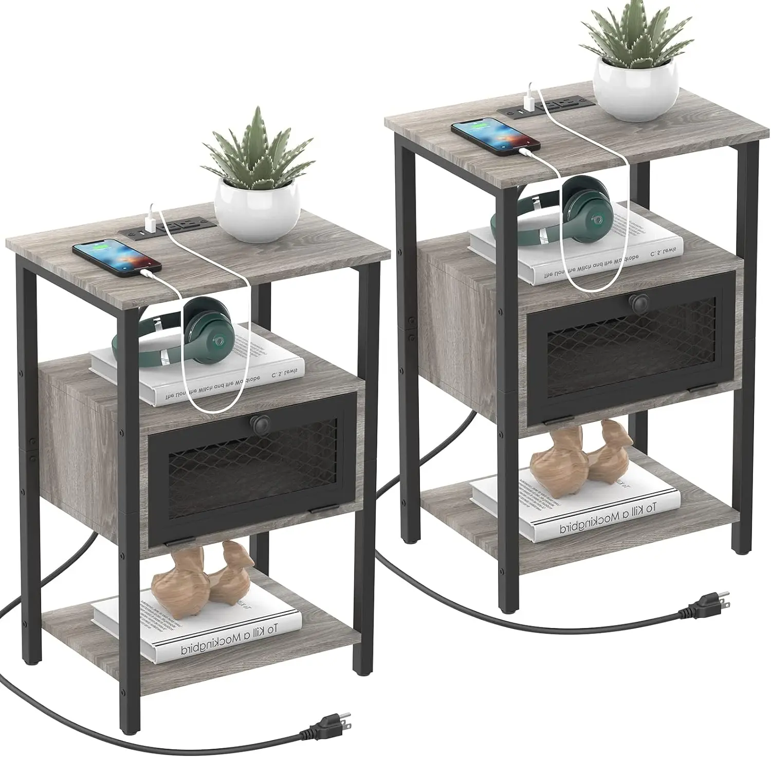 Side Tables with Charging Station Set of 2 Narrow Nightstands with Drawer Grey End Table with USB Ports and Outlets for Bedroom