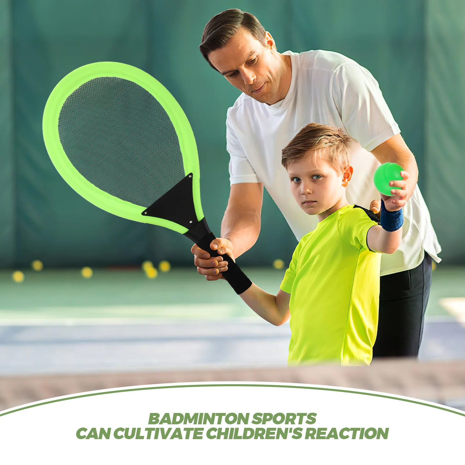 طقم مضرب تنس مكون من قطعتين، مقبض مريح من البلاستيك الأخضر للأنشطة الخارجية لعبة صيد الجيب