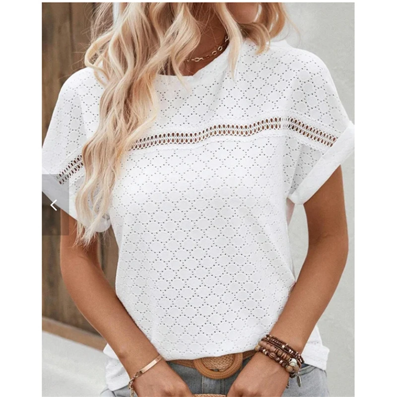 Women Sexy Hollow Out Lace Patchwork Blouses Summer Trendy Simple Casual White Shirts Round Neck Short Sleeve Loose Tops Blusas