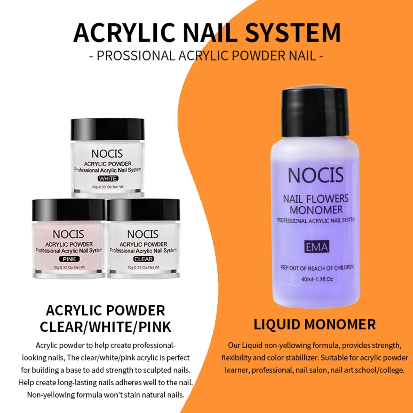 NOCIS Acryl-Nagelset, Acrylpulver, Acryl-Flüssigkeitsset, Nagelkunst, Kristallpulver, flüssiges Monomer mit Nagelstiften, Nagelformen