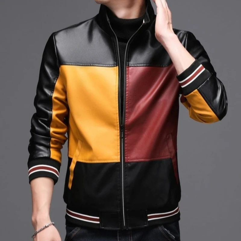 

Men's 2025 Autumn Winter PU Leather Jacket Stand Collar Contrast Business Casual Style Faux Fur Insulated Waterproof Windproof