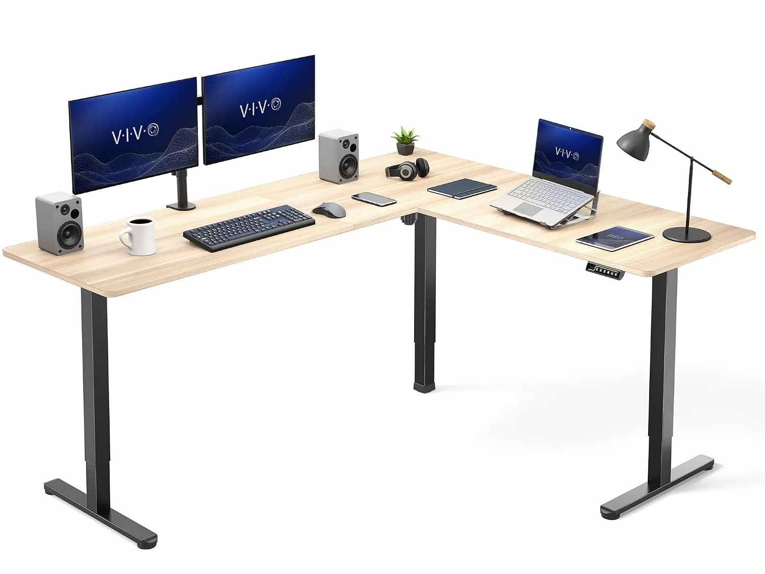 Light Wood 75x63in Corner Standing Desk Electric Height Adjustable Home Office Workstation, Customized