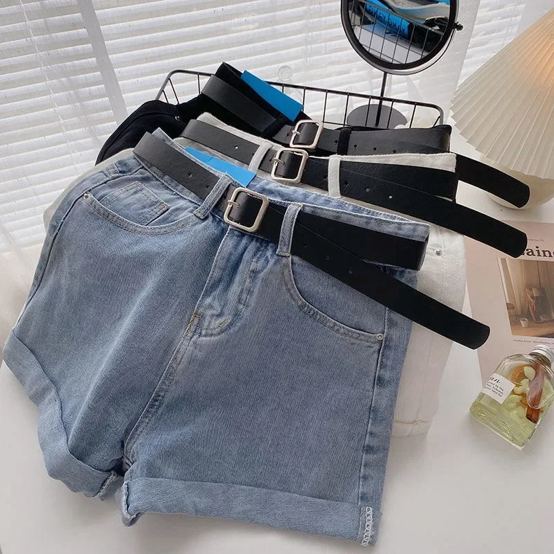 Korean with Belt Denim Shorts Women Y2K Fashion High Waist Washing Wide Leg Jeans Summer Loose All Match Rolled Up Cowboy Shorts