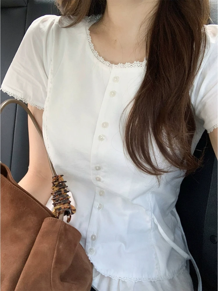 

Sweet Lace Trim Belted ort Sve irt Women's Top Korean Sle Slim Fit Commute Sle Regular Sve Length Other Material