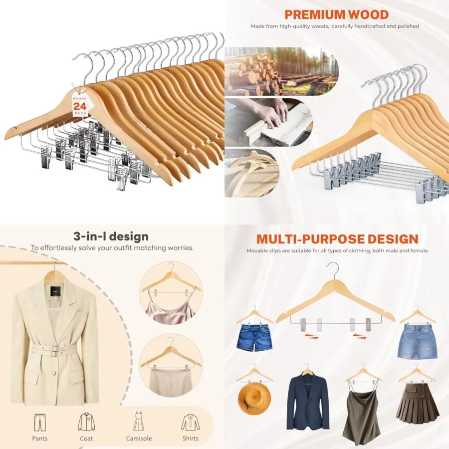 

High-Grade Wooden Suit Hangers Skirt Hangers with Clips Solid Wood Pants Hanger Smooth Finish Premium Wood Hanger with Durable