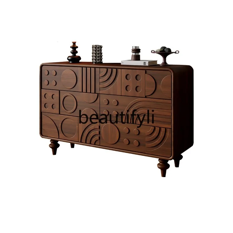 

Retro solid wood six-chest cabinet, bedroom, living room storage, medieval carved chest of drawers